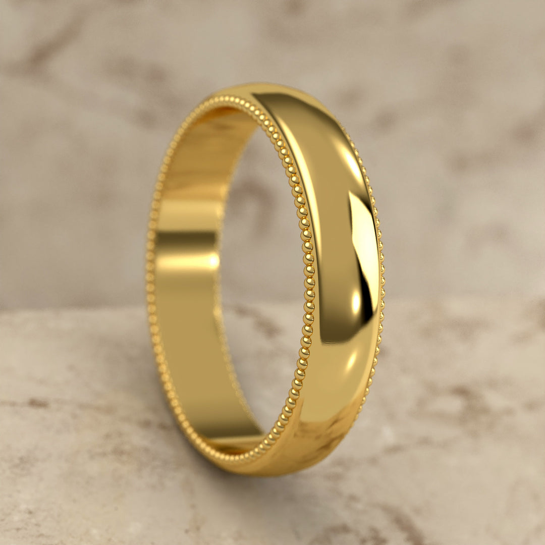high-polish domed wedding band with fine milgrain borders