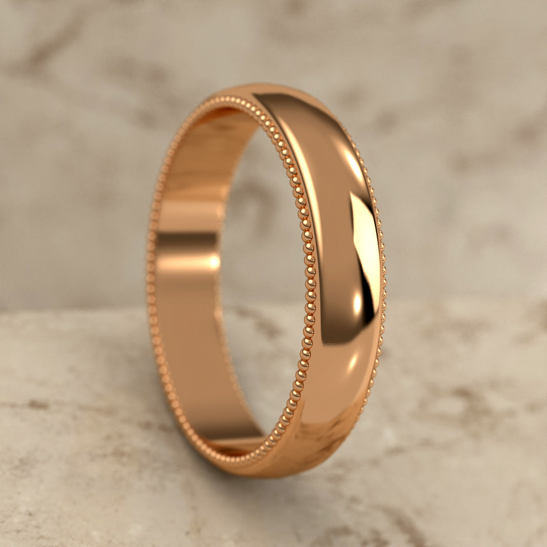 high-polish domed wedding band with fine milgrain borders