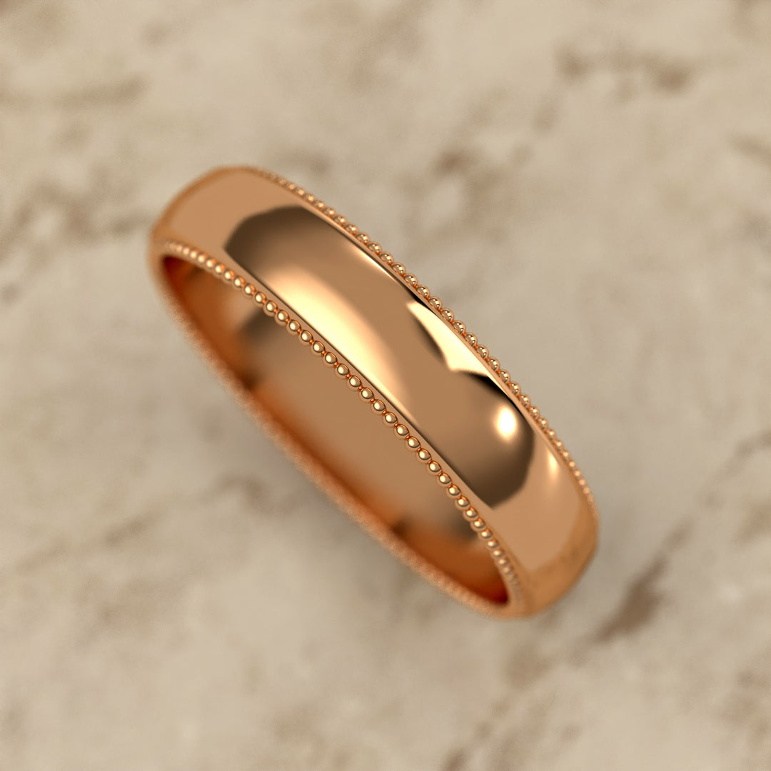 high-polish domed wedding band with fine milgrain borders