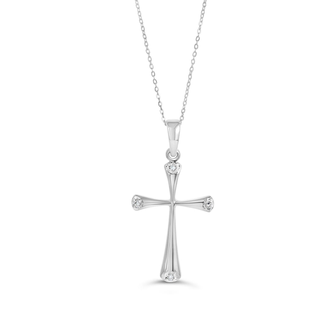 White gold cross pendant necklace with four diamonds at each end of the cross on a fine chain.
