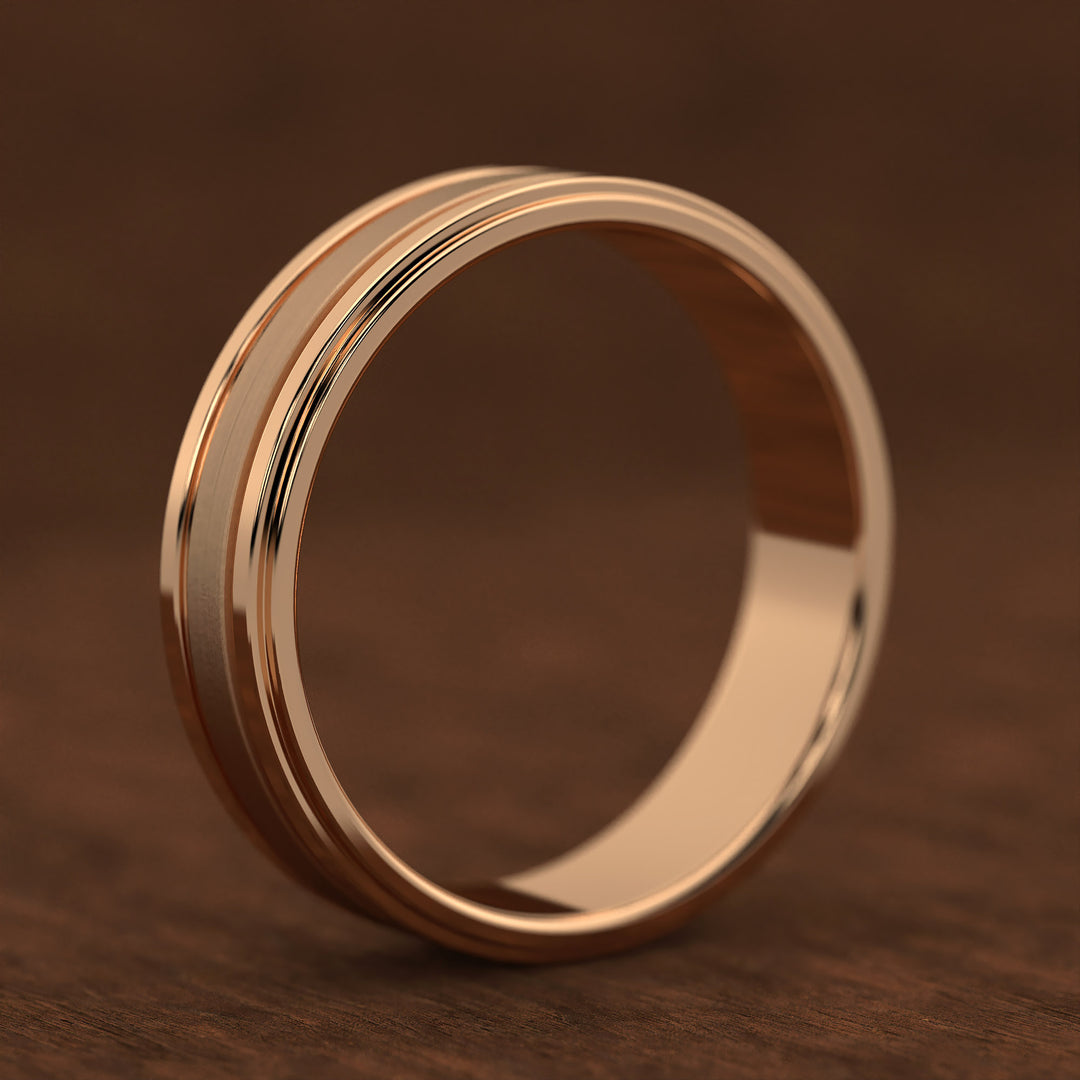 men’s band with ice-cut textured center and polished dual grooves