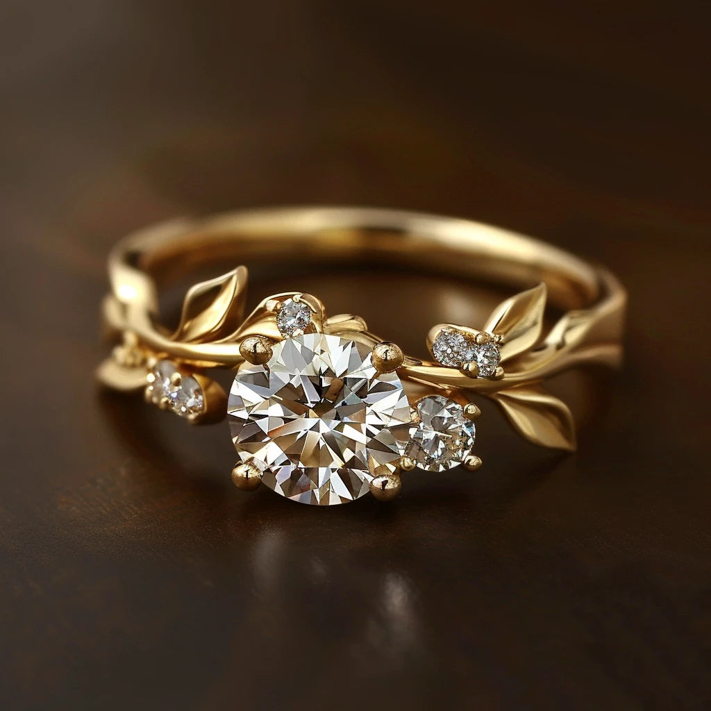 A close-up of a leaf and vine design engagement ring with a central diamond and smaller diamonds, set in a yellow gold band.