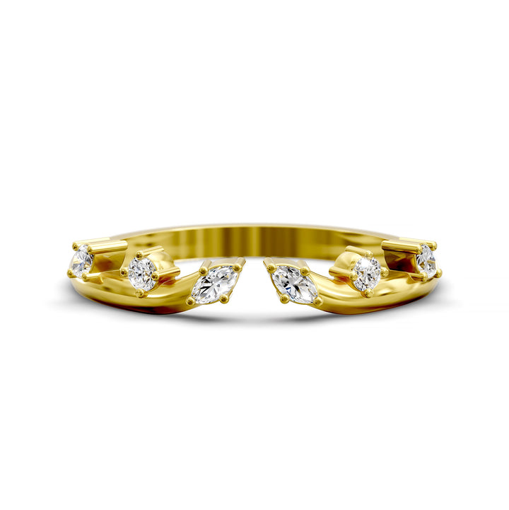 Curved open band with marquise and round diamonds set in a modern gold design