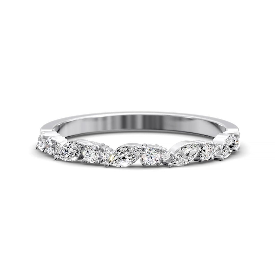 Wedding band with alternating marquise and round diamonds in prong setting