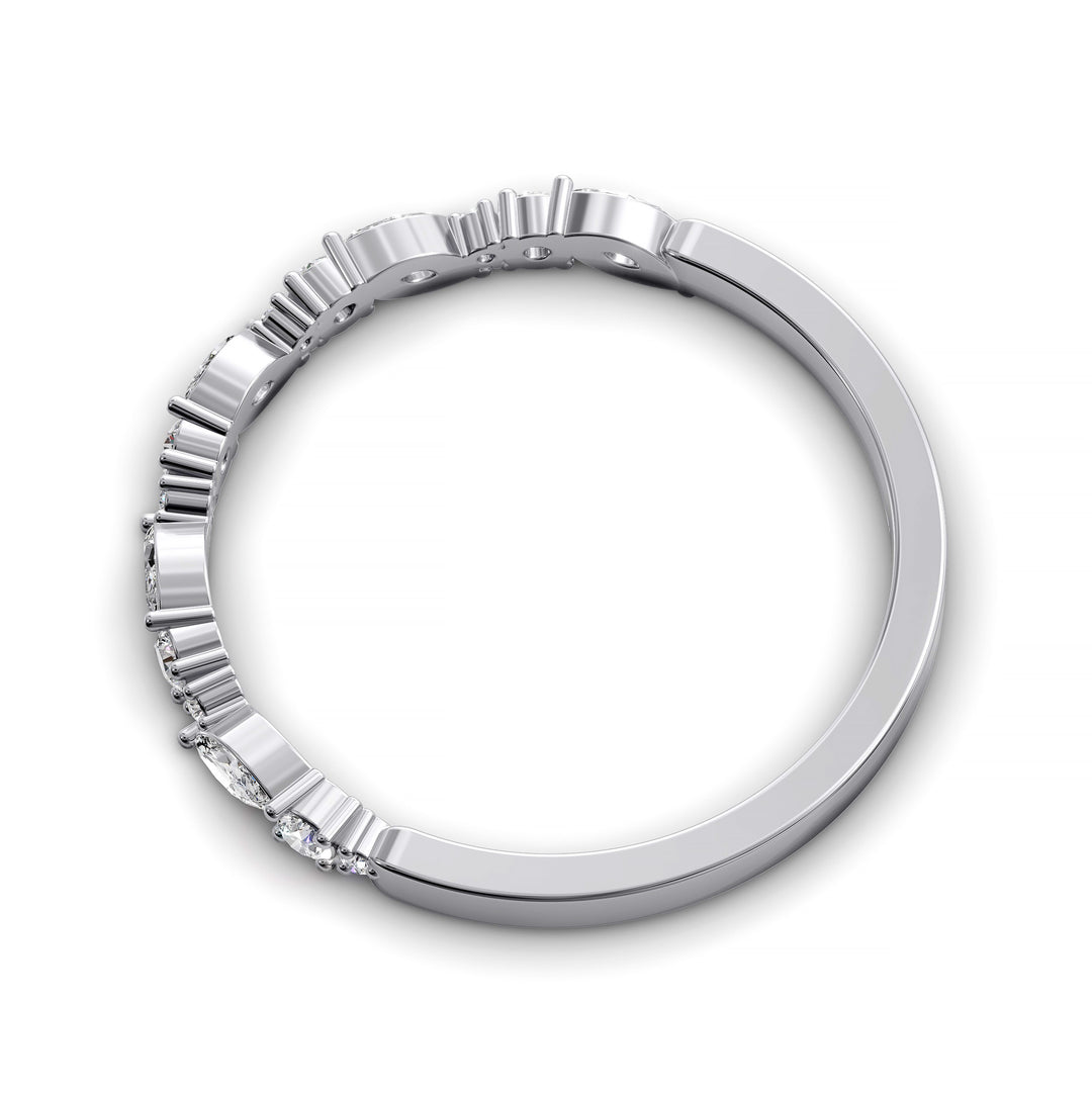 Wedding band with alternating marquise and round diamonds in prong setting