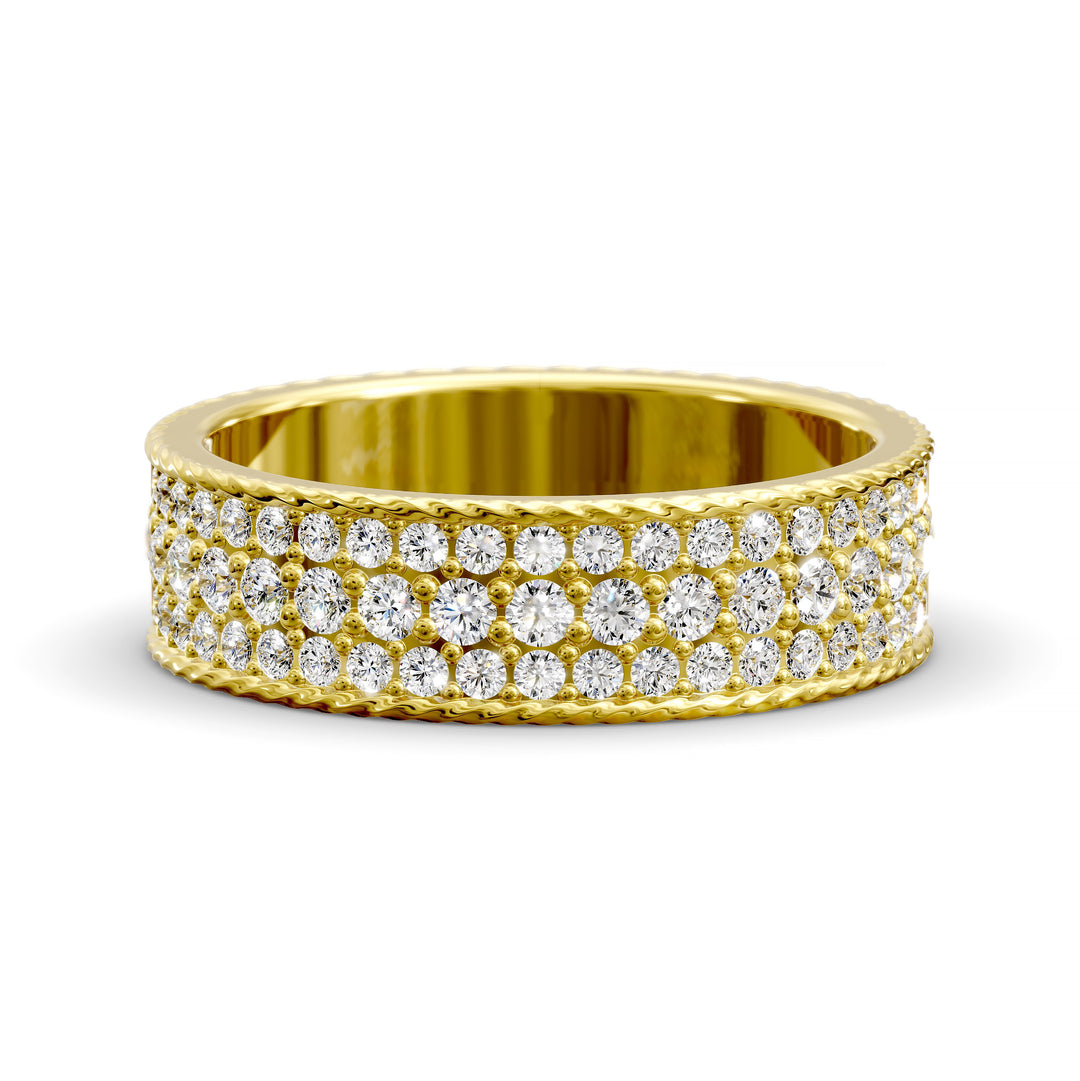 Wide diamond band with three rows of round stones and braided rope edges
