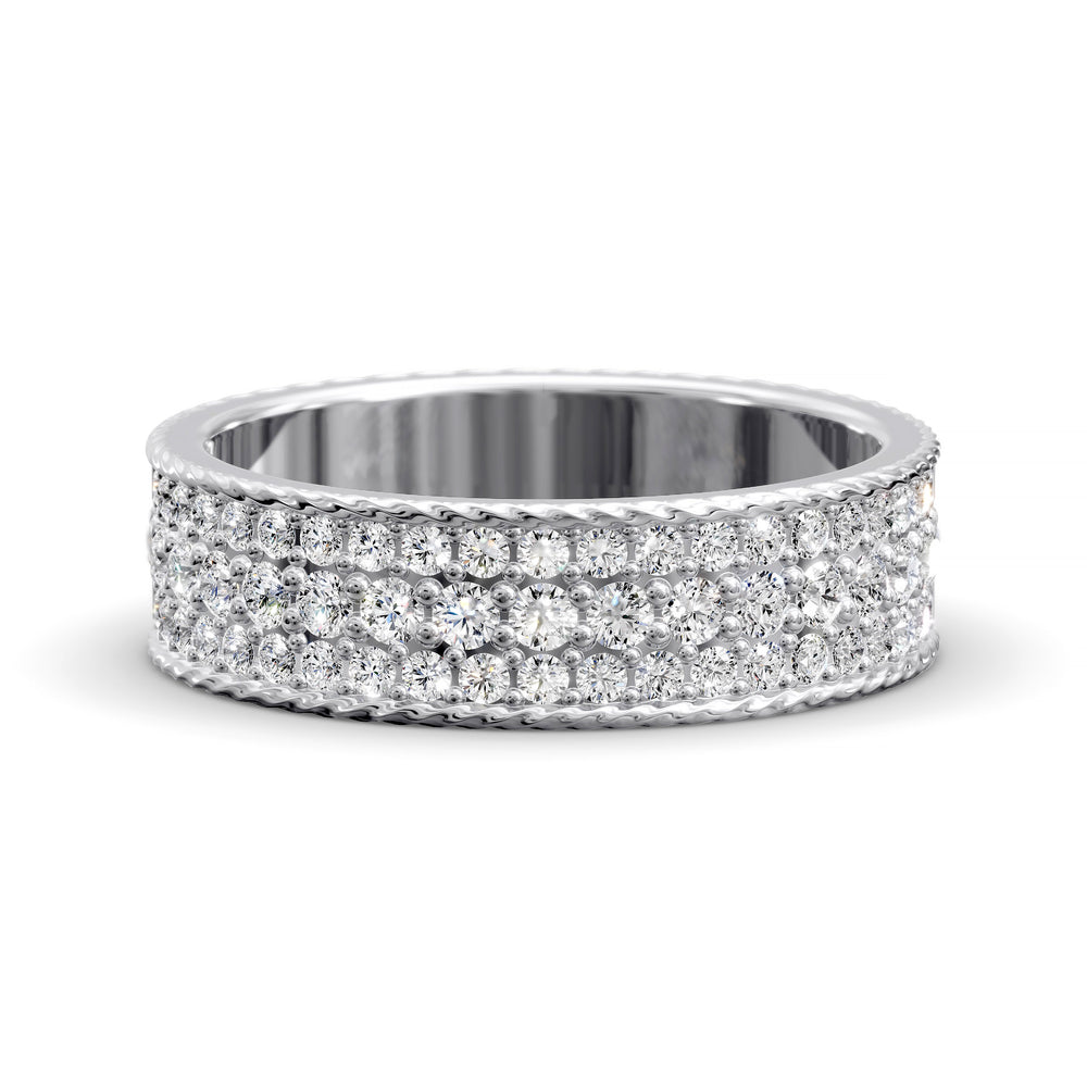 Wide diamond band with three rows of round stones and braided rope edges