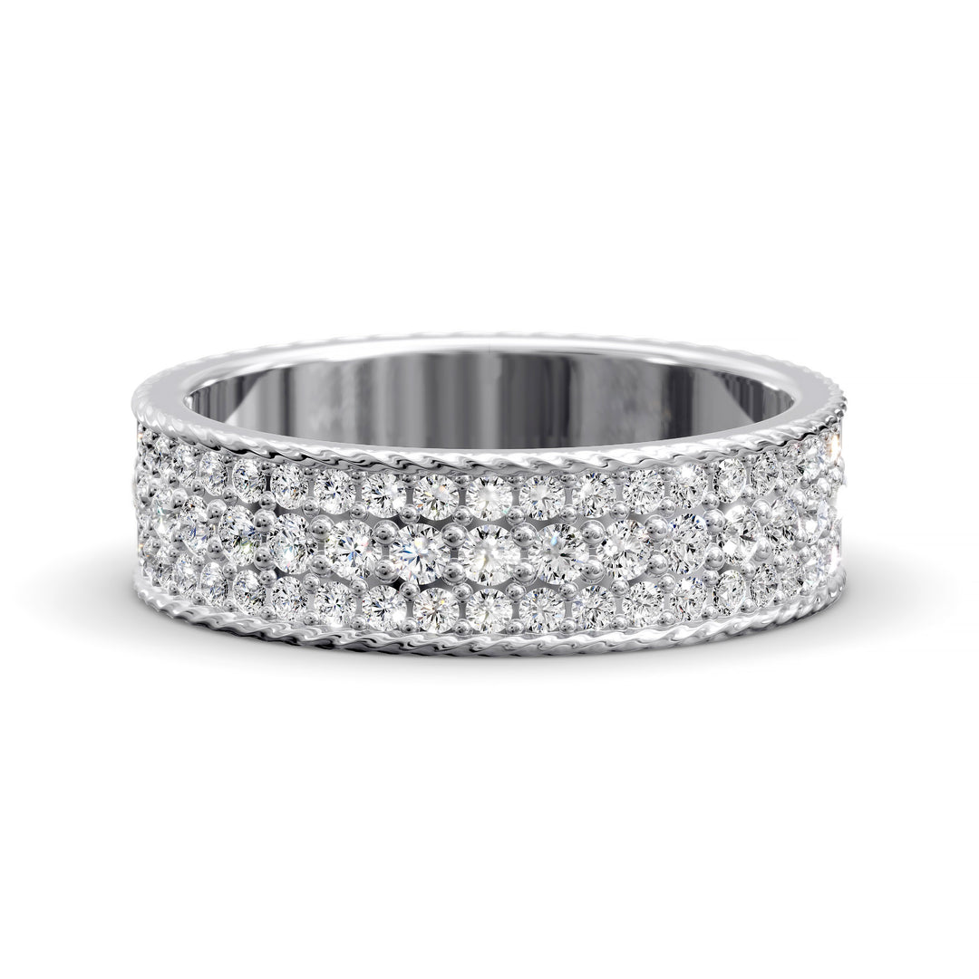 Wide diamond band with three rows of round stones and braided rope edges
