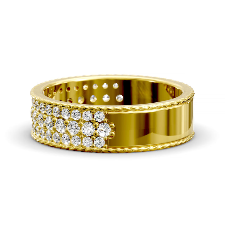 Wide diamond band with three rows of round stones and braided rope edges