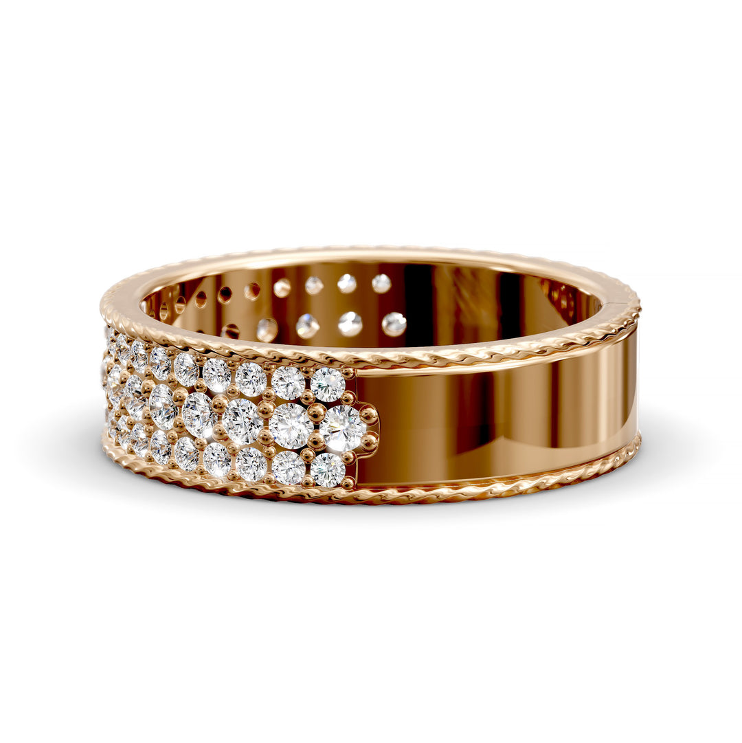 Wide diamond band with three rows of round stones and braided rope edges