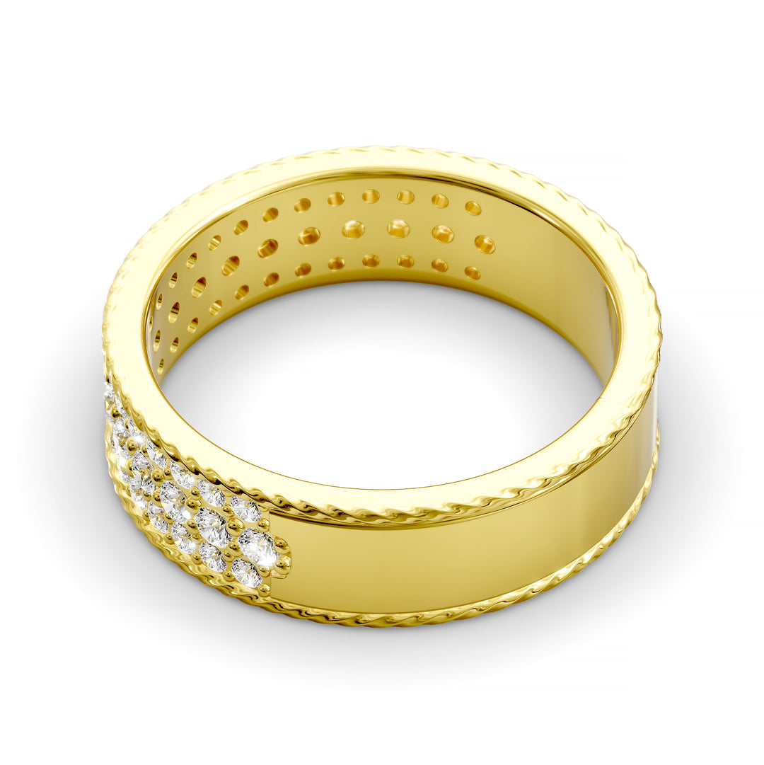 Wide diamond band with three rows of round stones and braided rope edges