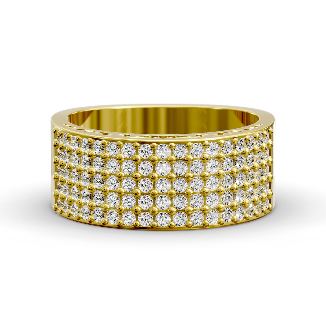 Wide multi row diamond pavé gold band with intricate inner detailing