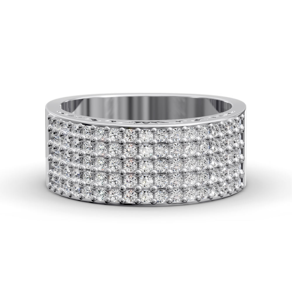 Wide multi row diamond pavé gold band with intricate inner detailing