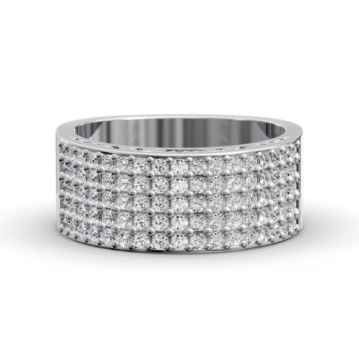 Wide multi row diamond pavé gold band with intricate inner detailing
