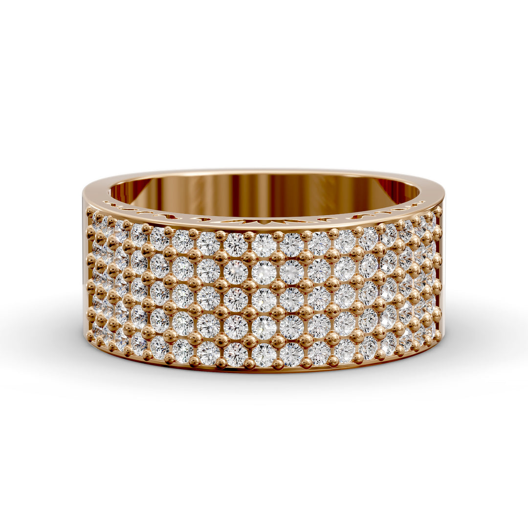 Wide multi row diamond pavé gold band with intricate inner detailing