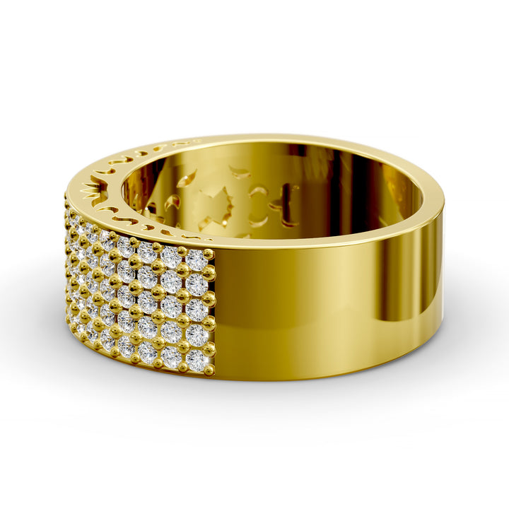 Wide multi row diamond pavé gold band with intricate inner detailing