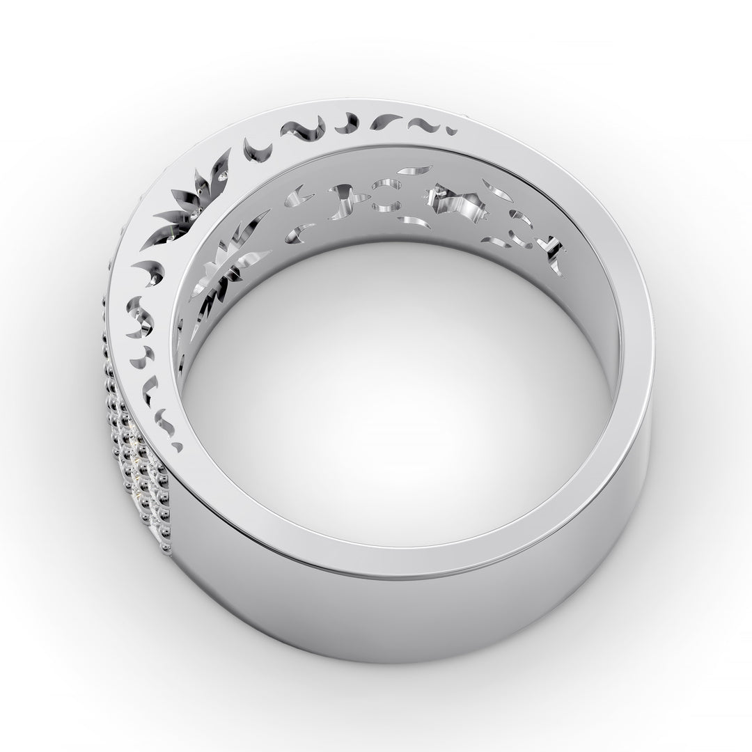 Wide multi row diamond pavé gold band with intricate inner detailing