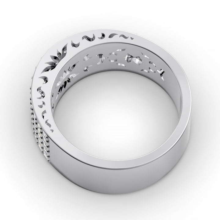 Wide multi row diamond pavé gold band with intricate inner detailing