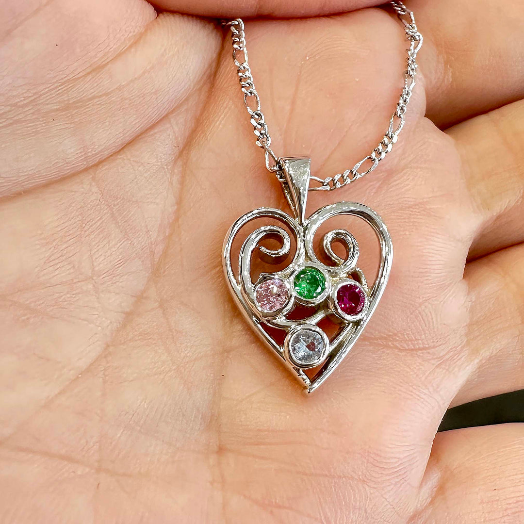 Heart-shaped 14K White Gold Pendant with Synthetic Birthstones