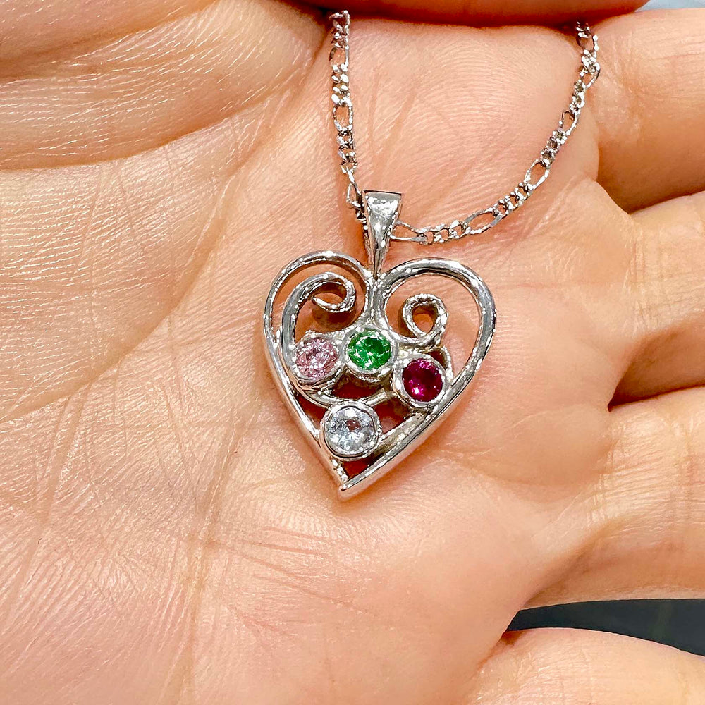 Heart-shaped 14K White Gold Pendant with Synthetic Birthstones