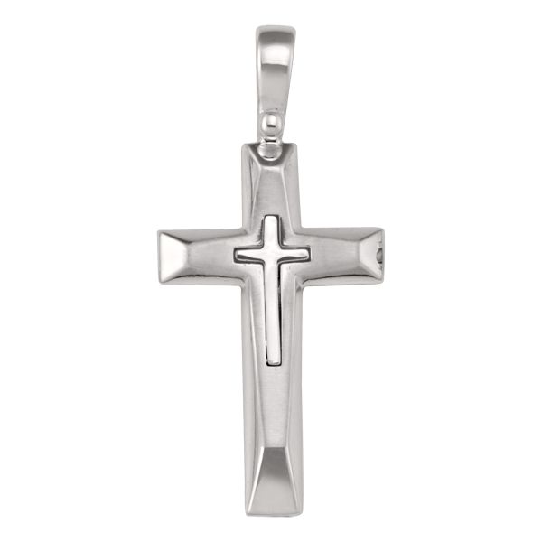 14K white gold beveled cross pendant with recessed inner cross design

