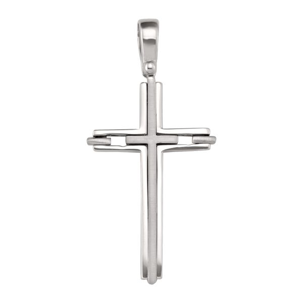 14K white gold double layer cross pendant with brushed and polished finish