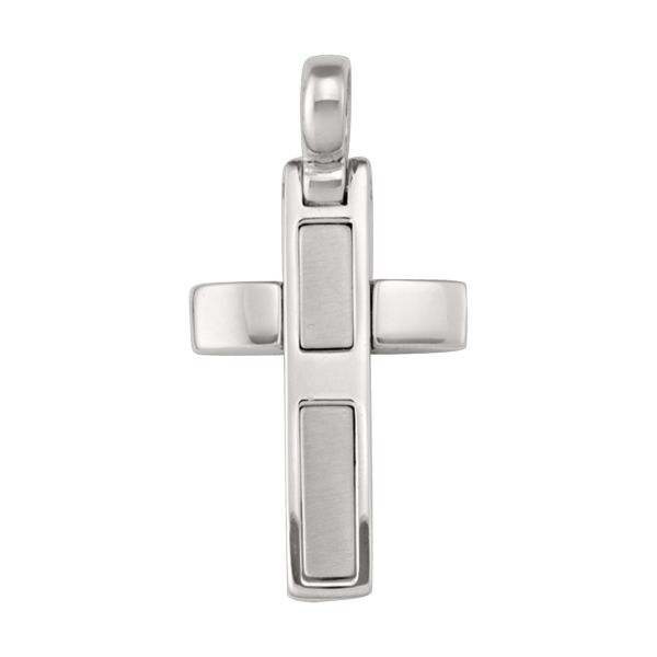 14K or 18K white gold block cross pendant with brushed insets and polished edges
