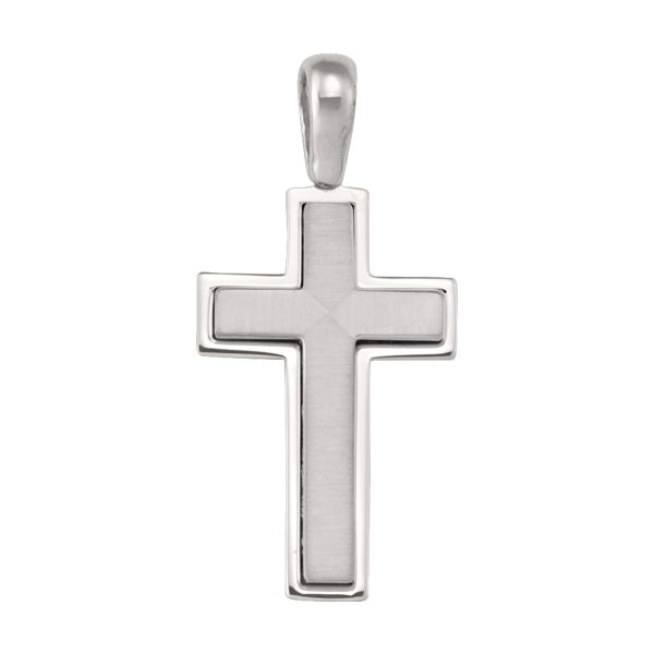 14K white gold cross pendant with brushed center and polished frame