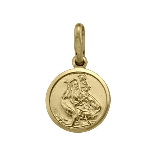 10K Yellow Gold St. Christopher Medal, 10mm, featuring a detailed engraving of the patron saint of travelers.