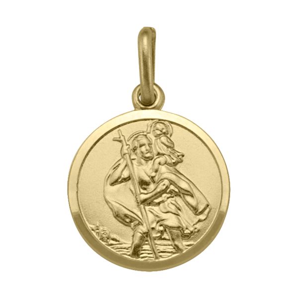 14mm round yellow gold St. Christopher medal with detailed engraving