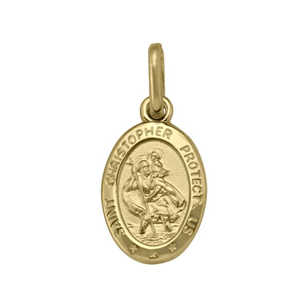 Oval yellow gold St. Christopher medal with “Protect Us” engraving