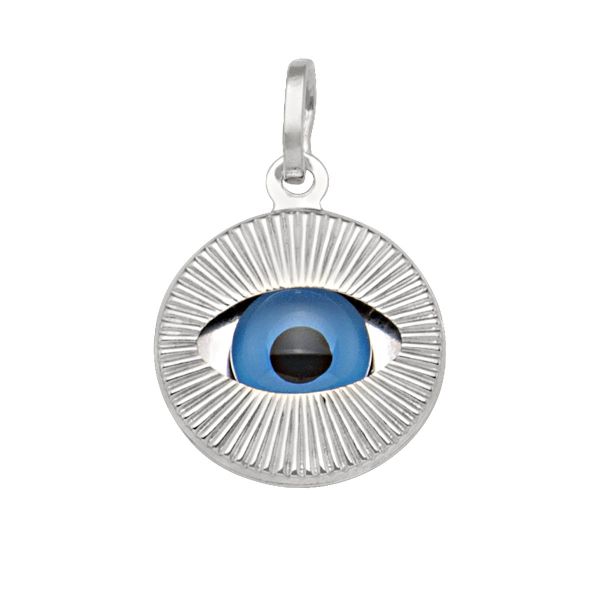 14K white gold Evil Eye pendant and charm with blue and black enamel, 16mm size, symbolizing protection and positive energy.