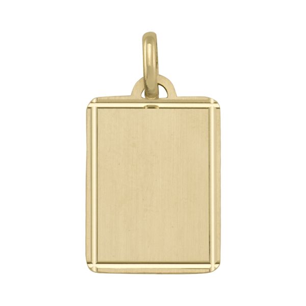 18k yellow gold rectangular tag pendant with a satin finish and polished border.