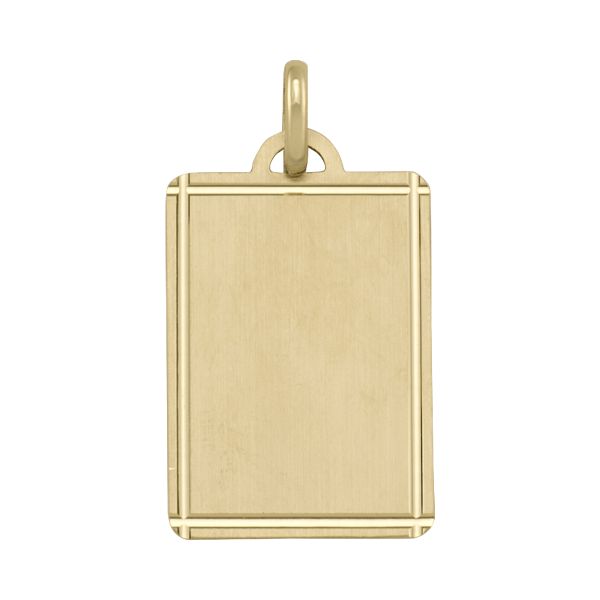 18k yellow gold rectangular tag pendant with satin finish and polished frame detailing.