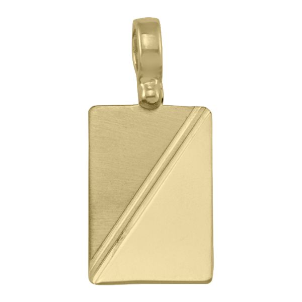 Rectangular yellow gold pendant with a matte and polished diagonal design and a smooth gold bail.