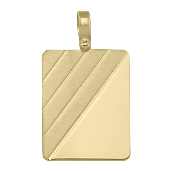 Yellow gold rectangular tag pendant with a diagonal matte and polished finish, 10k