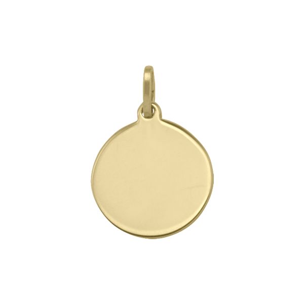 14k yellow gold round tag pendant with a polished finish, 14mm in size, ideal for engraving.