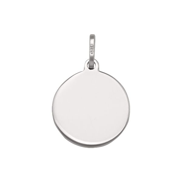 14k white gold round tag pendant with a polished finish, 14mm size, perfect for engraving and personalization.