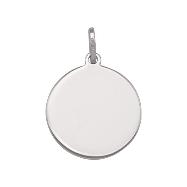 14k white gold round tag pendant with a polished finish, 16mm diameter, perfect for engraving.