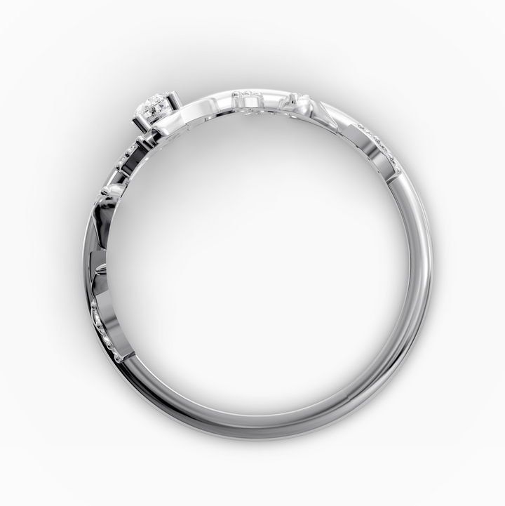 Pear-shaped wedding ring with leaf and vine design in a curved V-shaped band