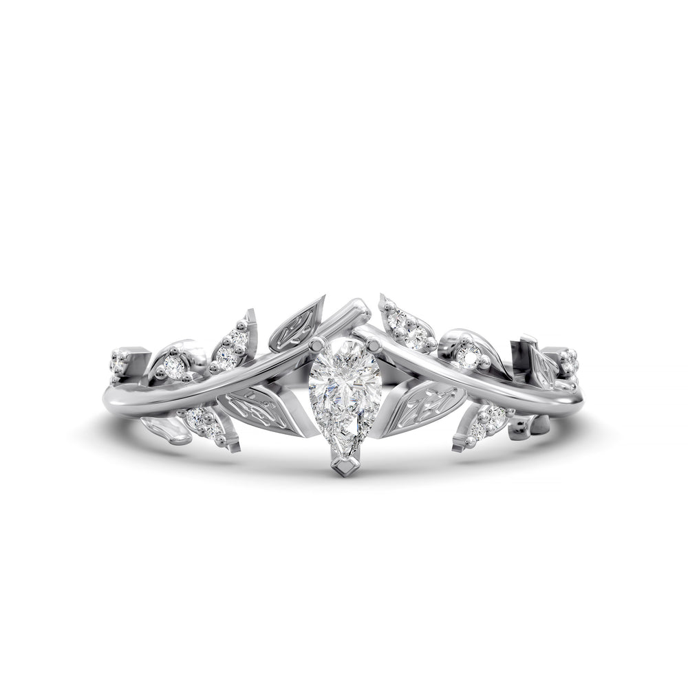 Pear-shaped wedding ring with leaf and vine design in a curved V-shaped band