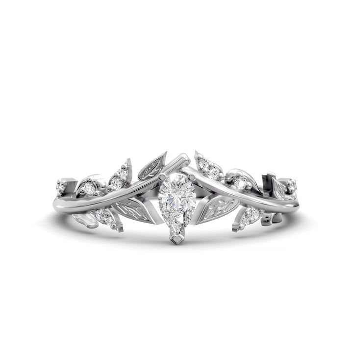 Pear-shaped wedding ring with leaf and vine design in a curved V-shaped band
