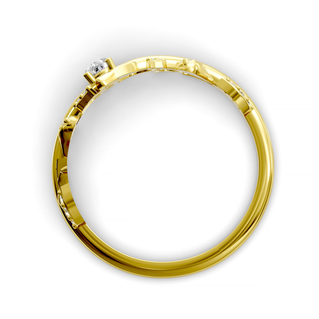 Pear-shaped wedding ring with leaf and vine design in a curved V-shaped band