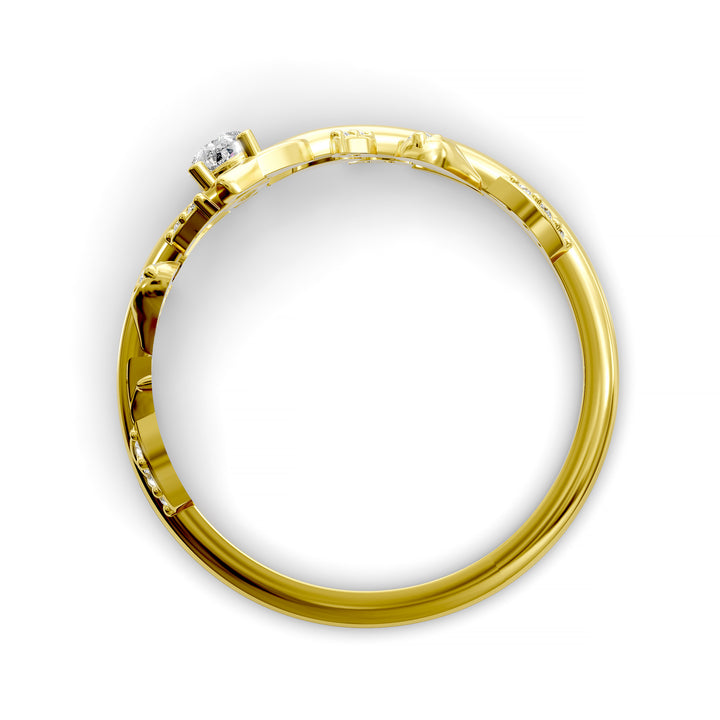 Pear-shaped wedding ring with leaf and vine design in a curved V-shaped band
