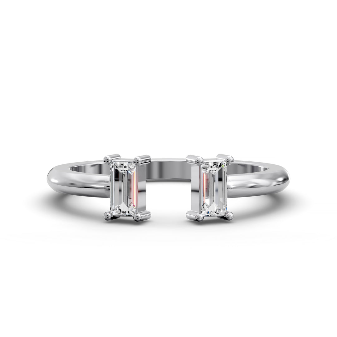 open cuff wedding band with baguette diamond accents in minimalist design