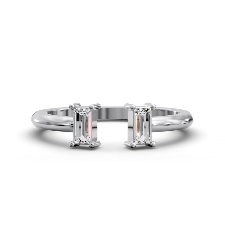 open cuff wedding band with baguette diamond accents in minimalist design