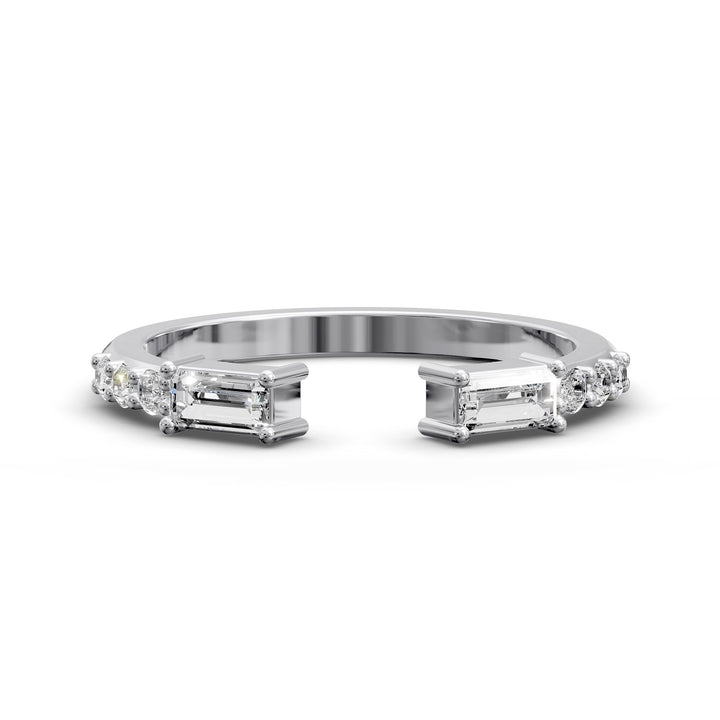 open cuff split wedding band with baguette and round diamonds