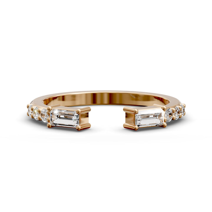 open cuff split wedding band with baguette and round diamonds