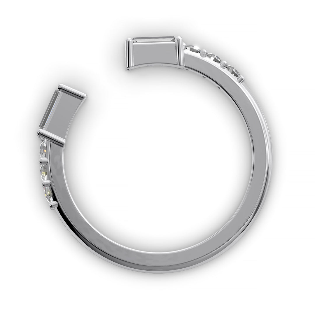 open cuff split wedding band with baguette and round diamonds
