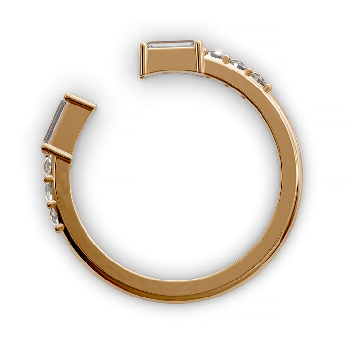 open cuff split wedding band with baguette and round diamonds